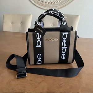 BEBE  Hana Canvas Beige and Black Top Handle/Crossbody